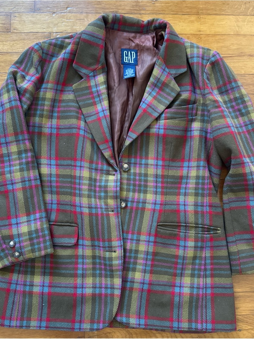 Vintage GAP Plaid Wool Blend Blazer in Olive with Red & Blue